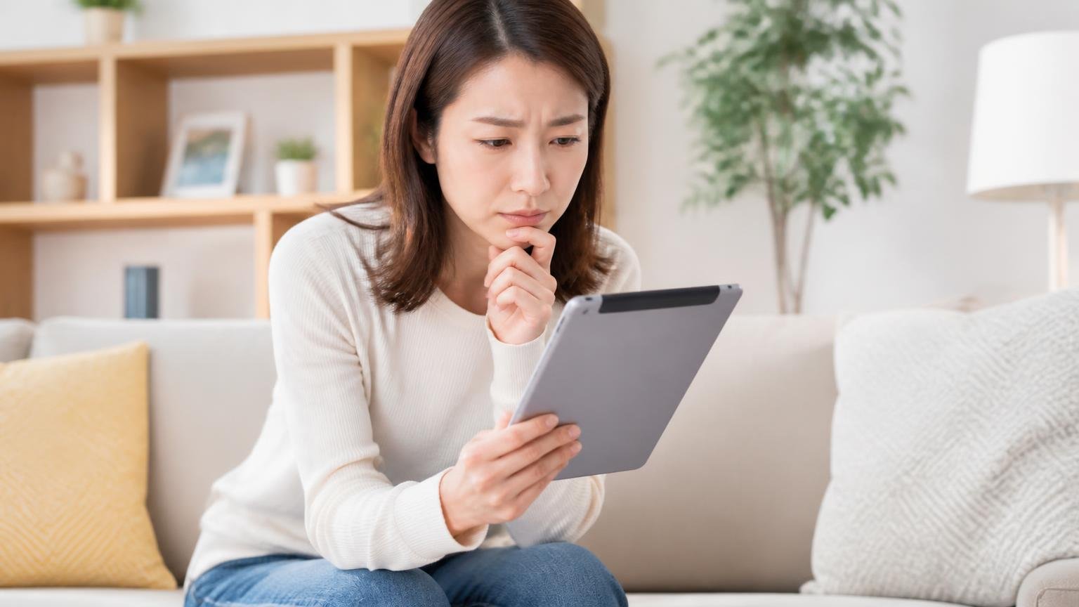 口コミを読むときの注意点は件数と投稿時期 リビングのソファでタブレットの口コミ一覧をじっと見る30代女性