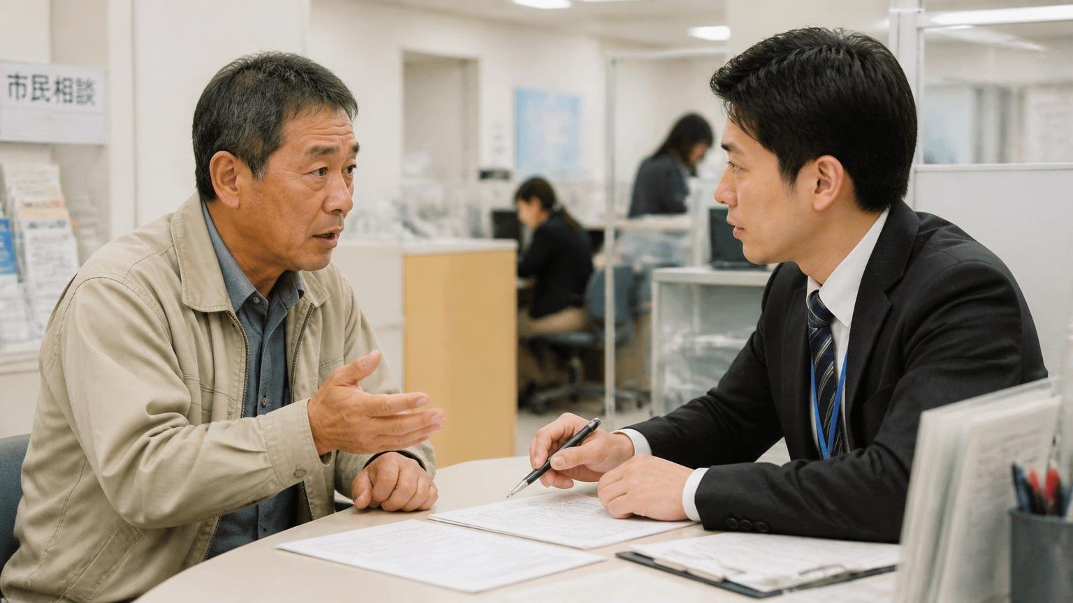 許可なく捕まえられない害獣。市役所の窓口で申請書類について相談する住民の男性と職員、真剣な表情