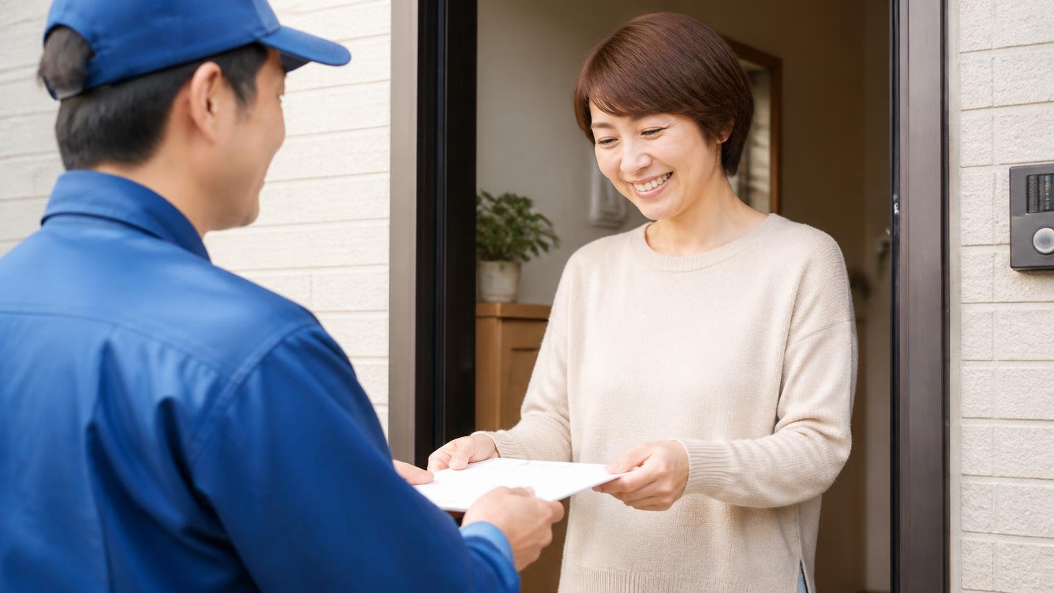 口コミ以外に業者を判断する物差し、玄関先で書類を受け取る住人1人が納得した表情