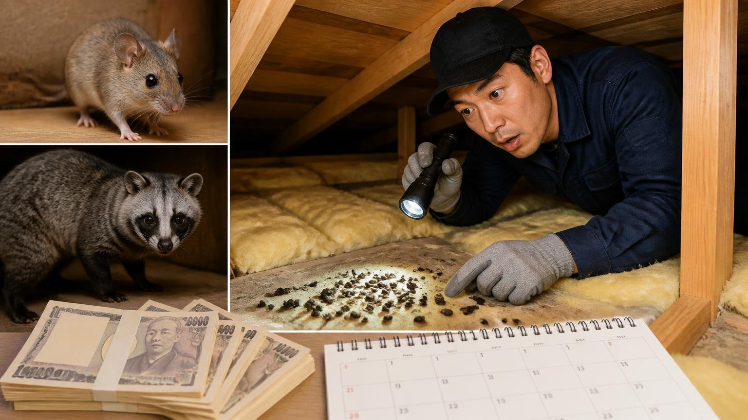 ネズミとハクビシンの料金と期間。木造戸建ての天井裏で作業員1人がライトを当てて糞を確認する