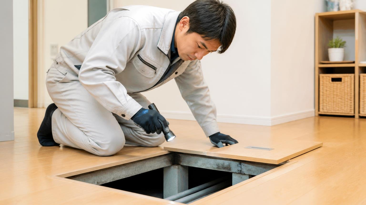 社員側の口コミから見える営業スタイル 住宅の床下点検口の前で作業員1人が懐中電灯を手に潜る準備をする