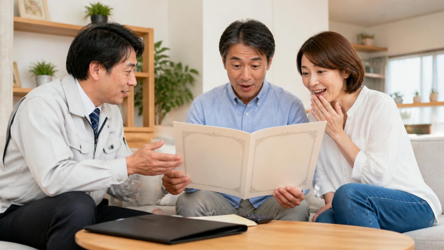 保証は5〜10年以上で中間検査は無料。リビングで保証書を広げて説明を受ける40代夫婦