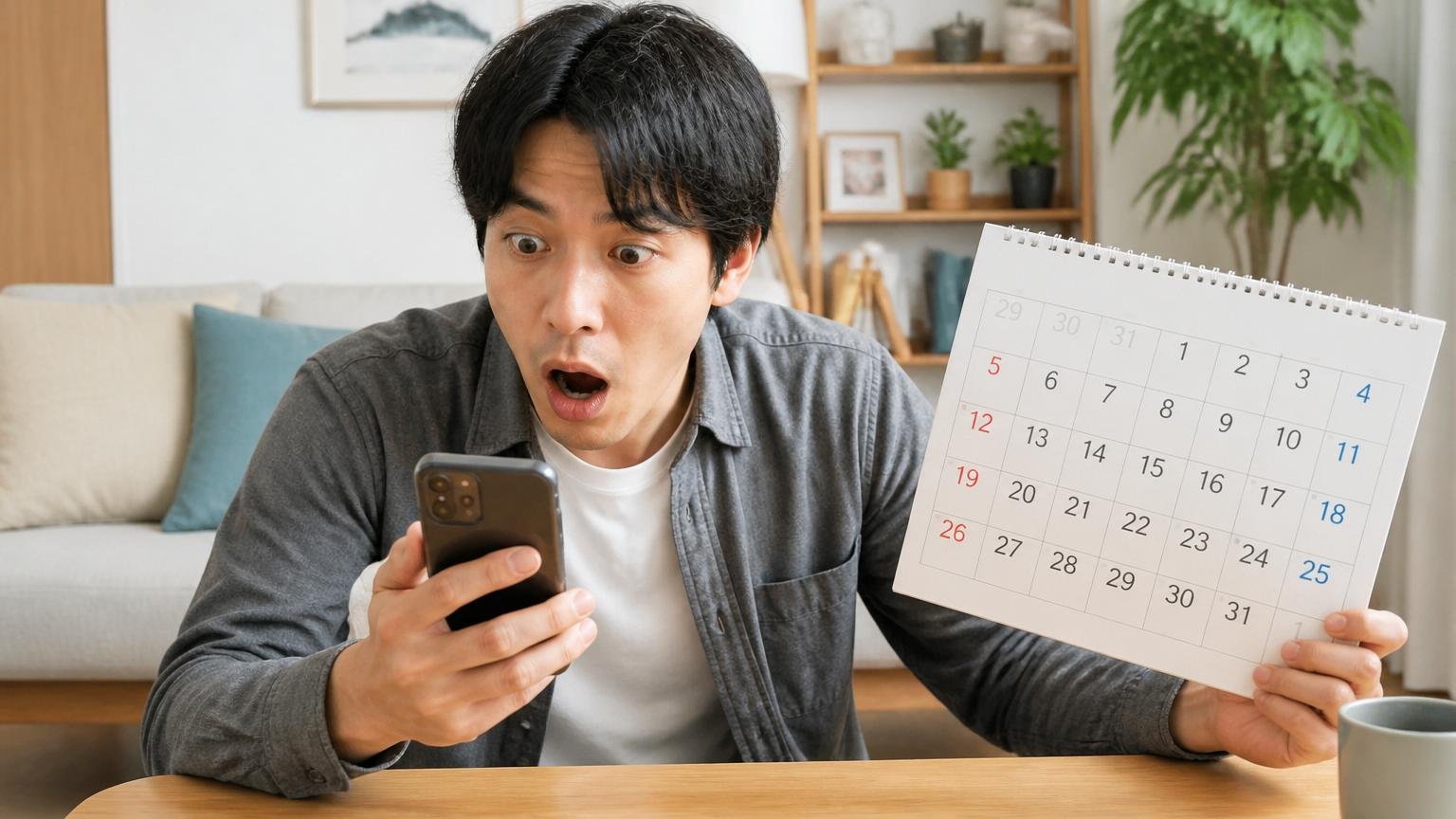口コミを読むときの落とし穴は投稿時期と件数 リビングでカレンダーとスマホを見比べて驚く男性1人