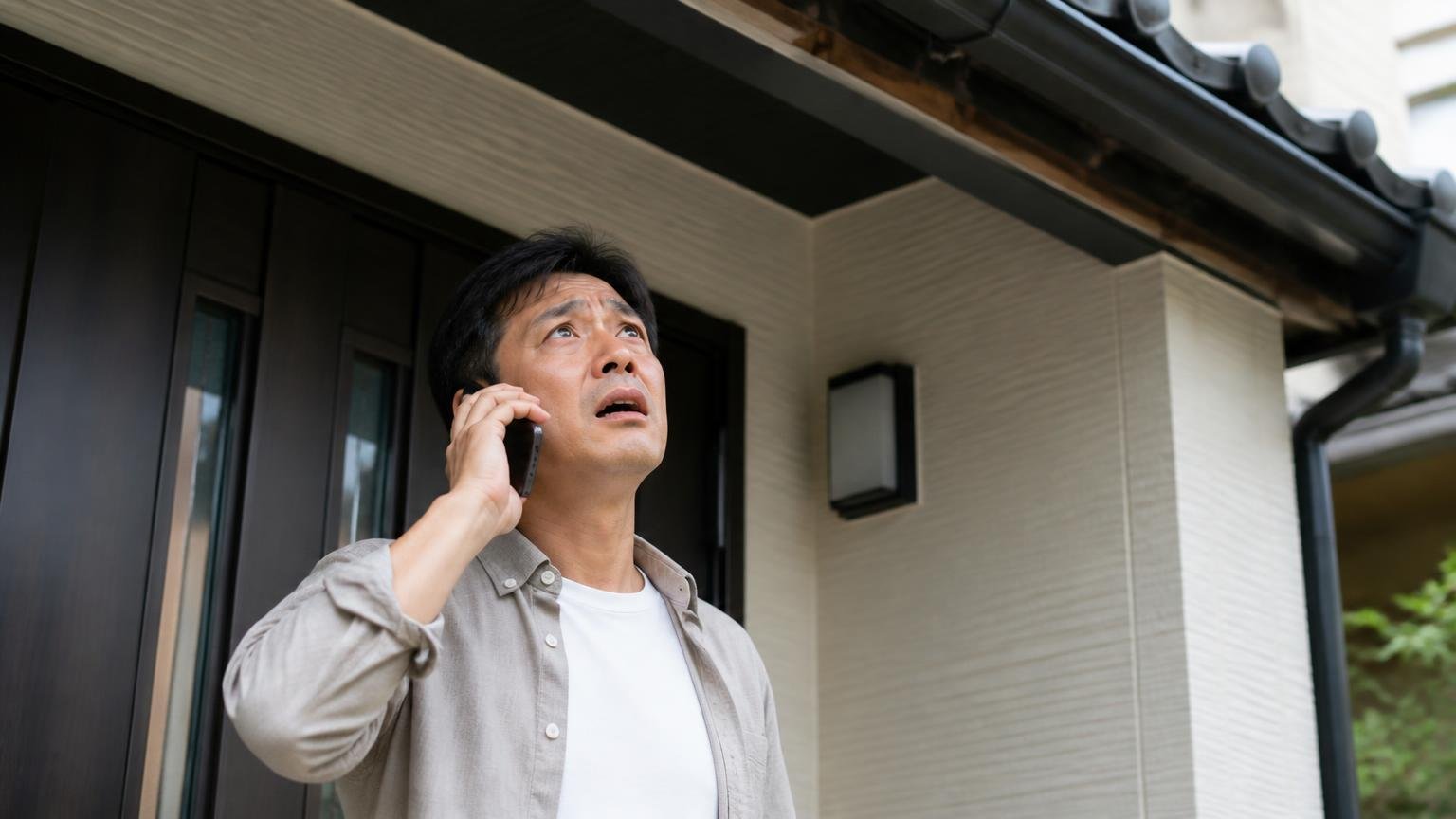 自分の被害害獣が対応範囲か確認|屋根の軒下を見上げる玄関前で不安げに電話をかける住人