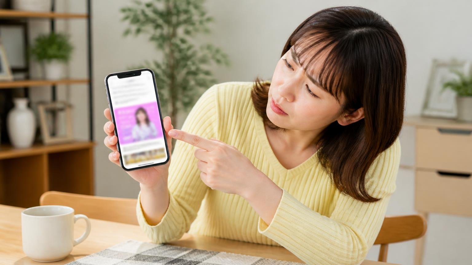 No.1表記は調査の中身を見る。ダイニングで女性1人がスマホの広告表記を指さして首をかしげる