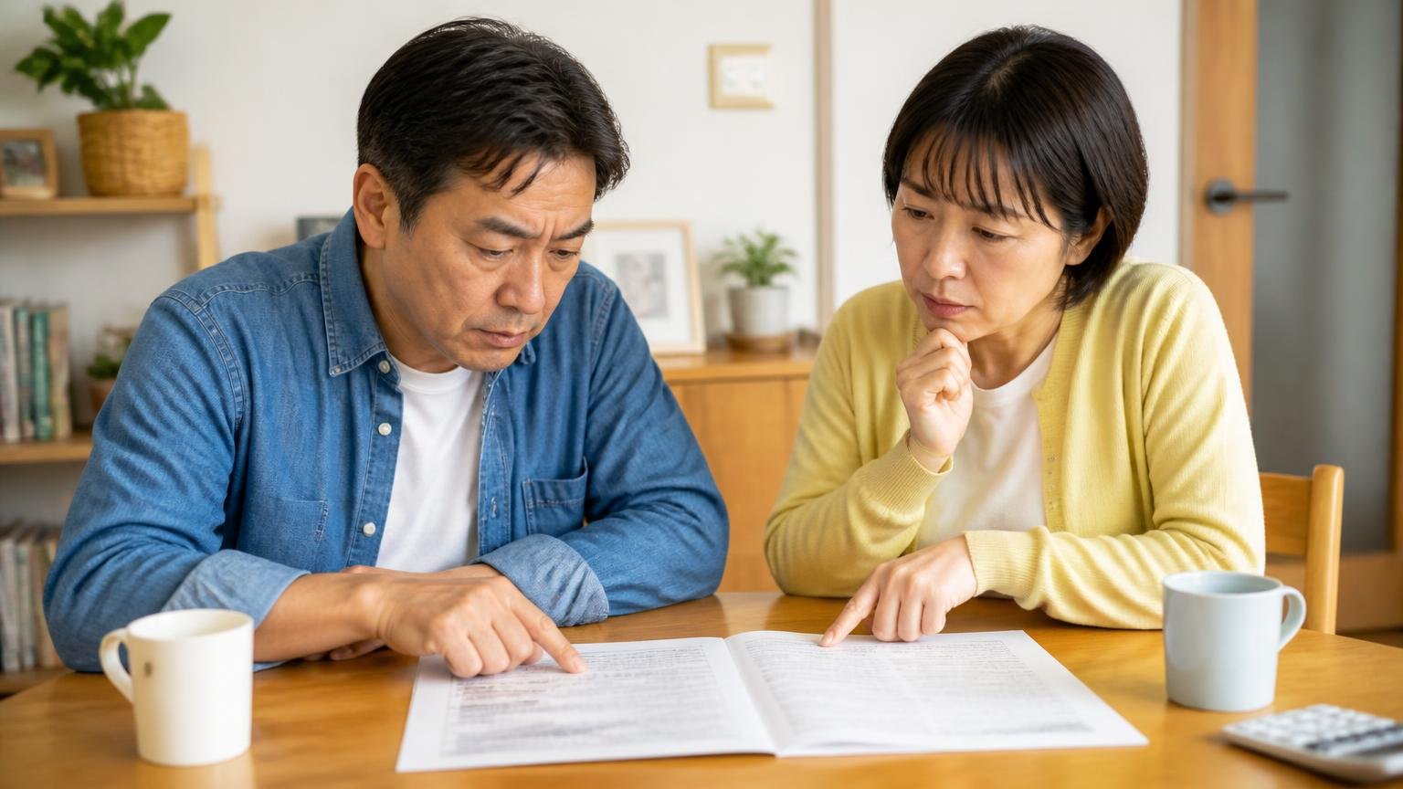 保証の中身を読む。ダイニングで住人2人が保証書を広げ、条文を指差しながら真剣に読み合わせる