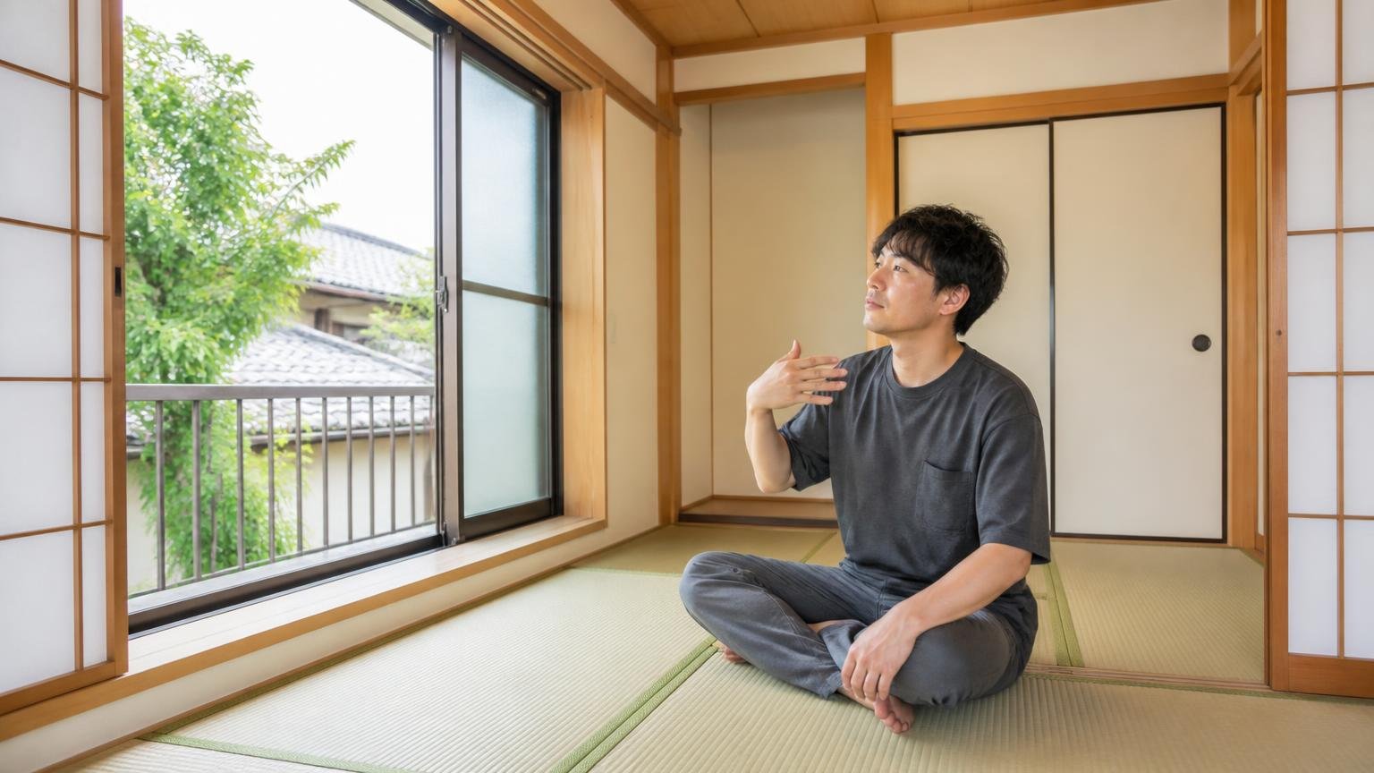星5の中に埋もれた小さな引っかかりも拾っておく 施工直後の和室で窓を開けて換気する場面 住人1人 手で扇ぐ仕草