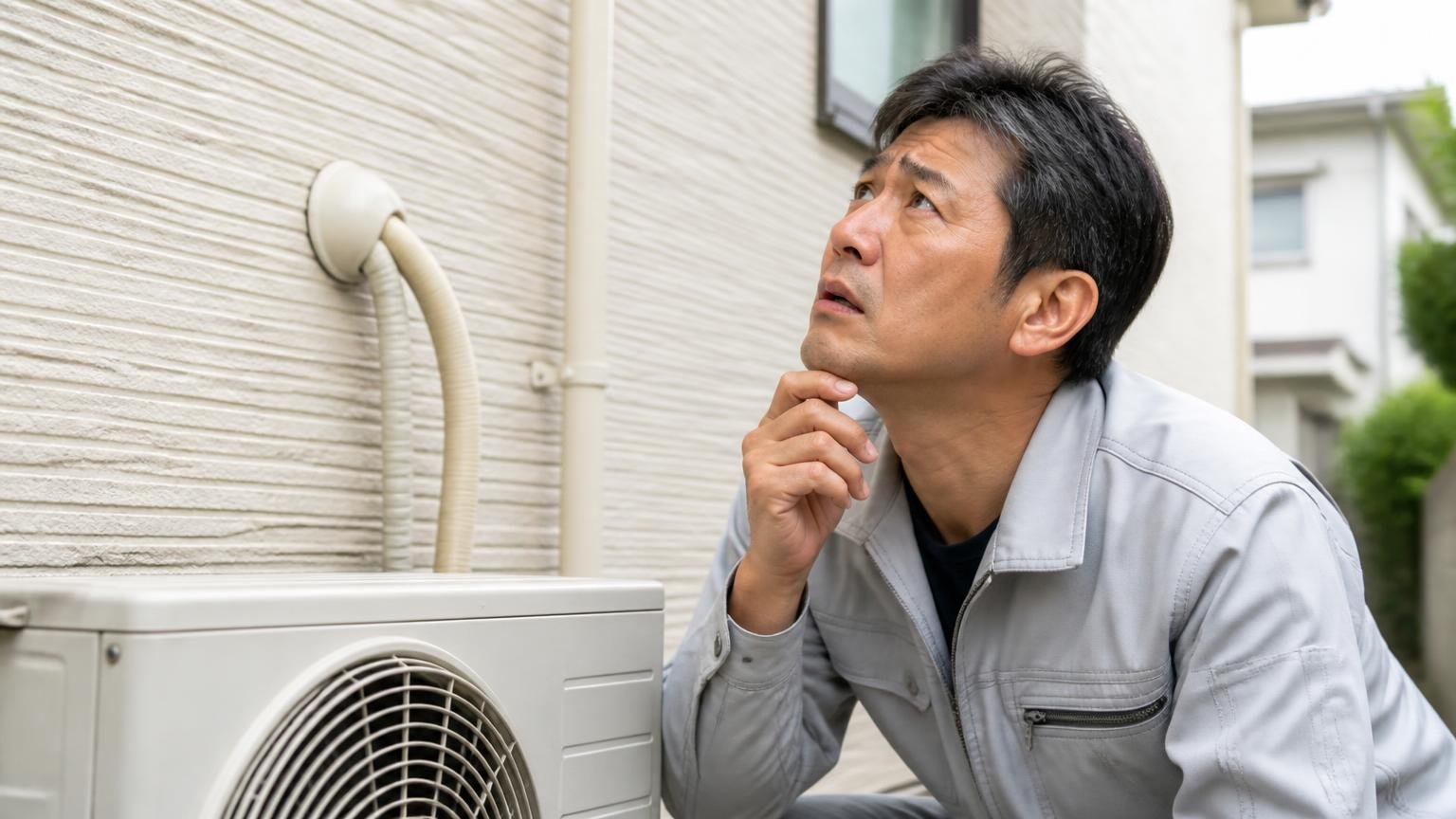 室外機まわりを見上げて困惑する。住宅の外壁のエアコン配管まわりを見上げる40代男性が渋い表情