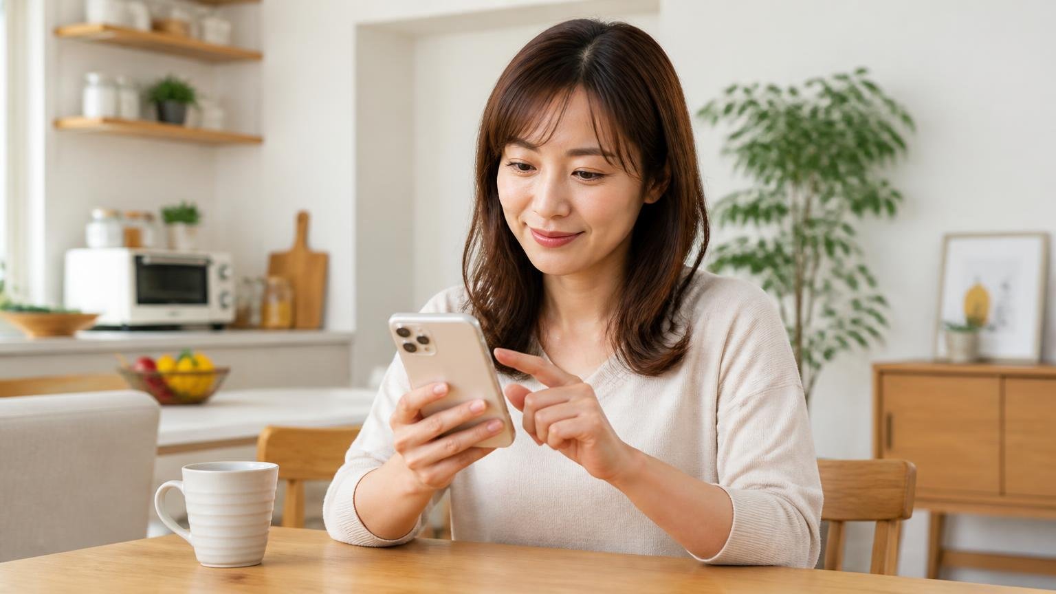 旧サービス名でも口コミを検索する場面。自宅のダイニングでスマホを操作しながら納得した表情の30代女性1人
