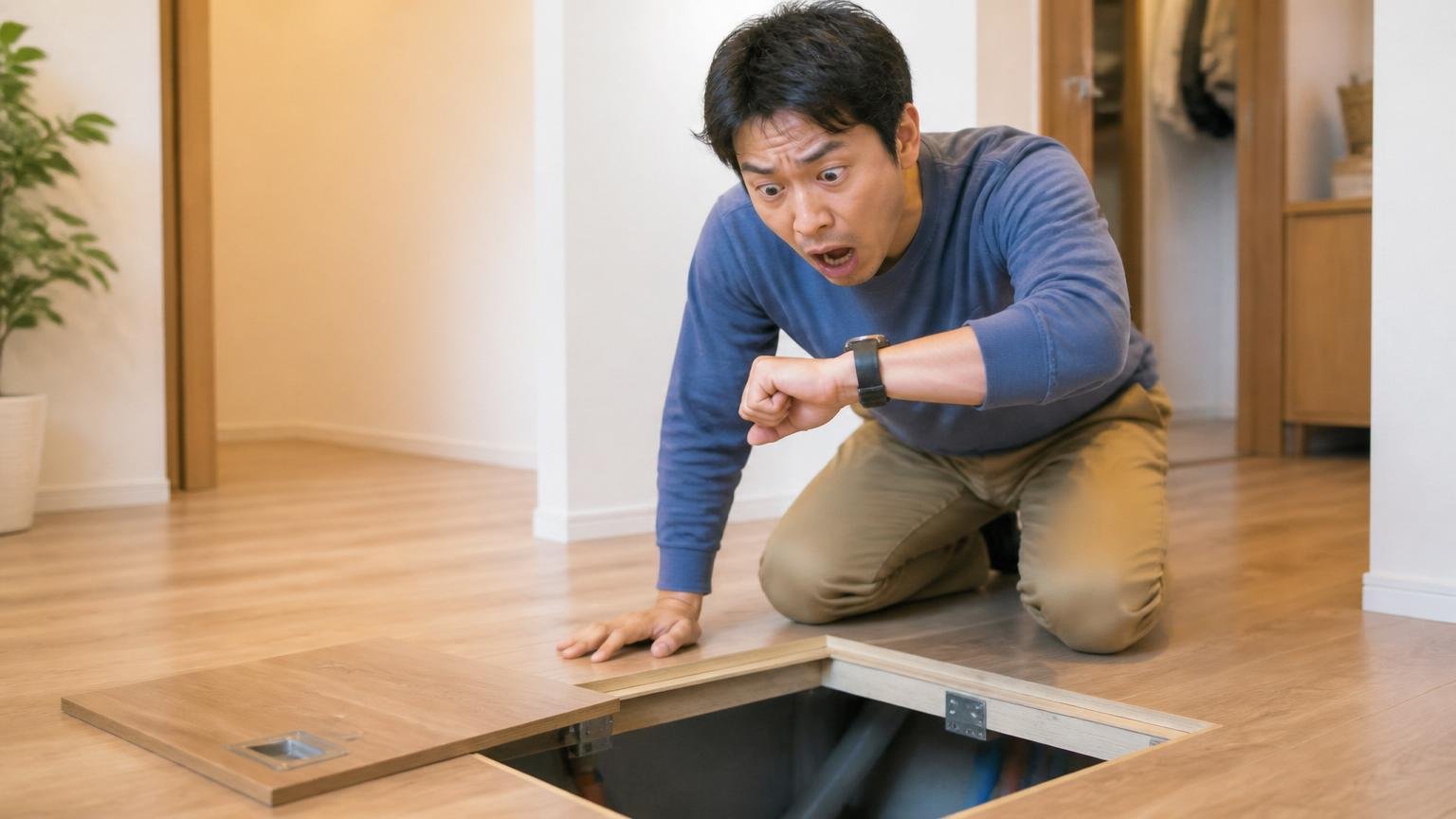 対応が遅いという声の読み方。住宅の床下点検口の前で住人1人が腕時計を見て焦る表情を見せる