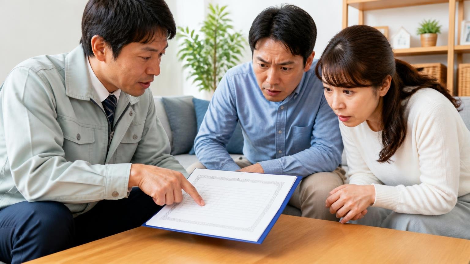 保証は5年でも中身を見る。リビングで作業員が保証書を指さし住人夫婦2人が身を乗り出す