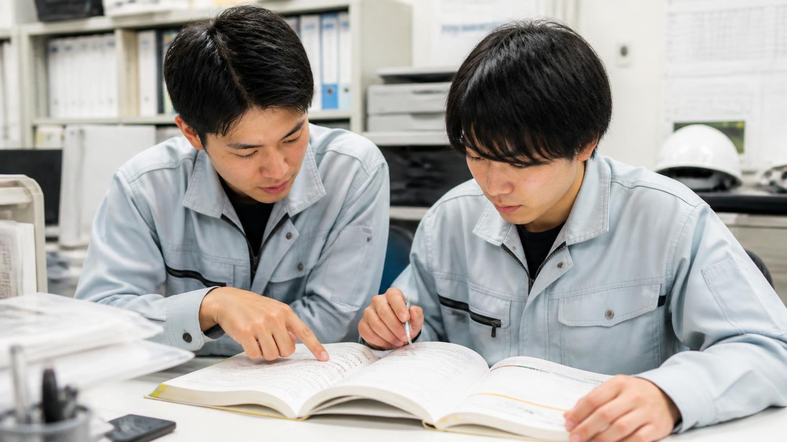 元社員の声が資格体制の裏付けになる。事務所で資格テキストを開いて学ぶ20代の作業員2人