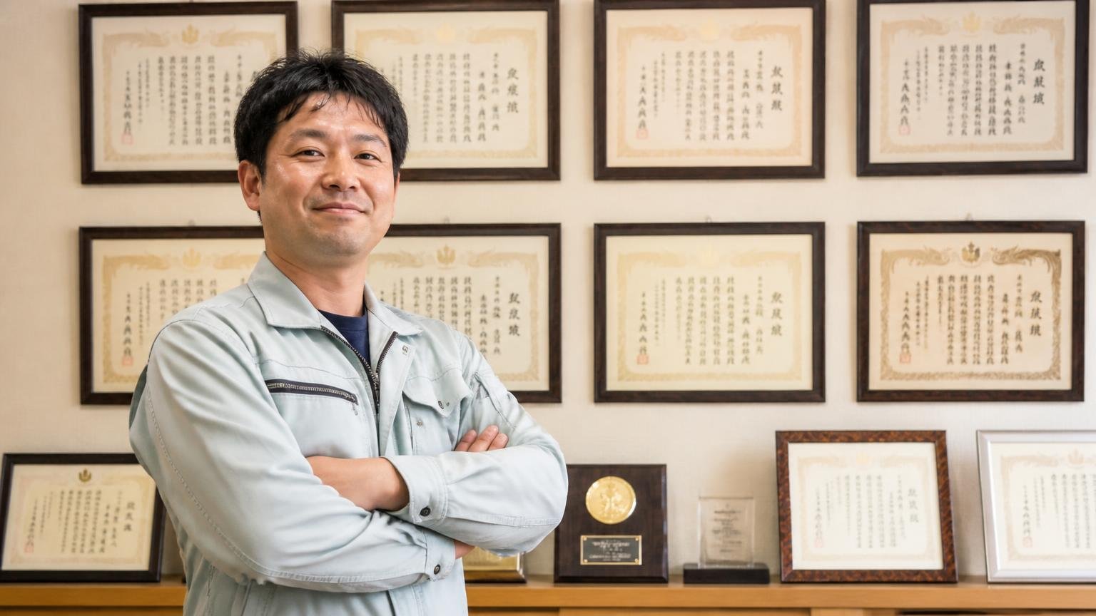 行政受託と表彰歴の確認。事務所の壁に並ぶ表彰状の前で、作業着の男性1人が誇らしげに立つ