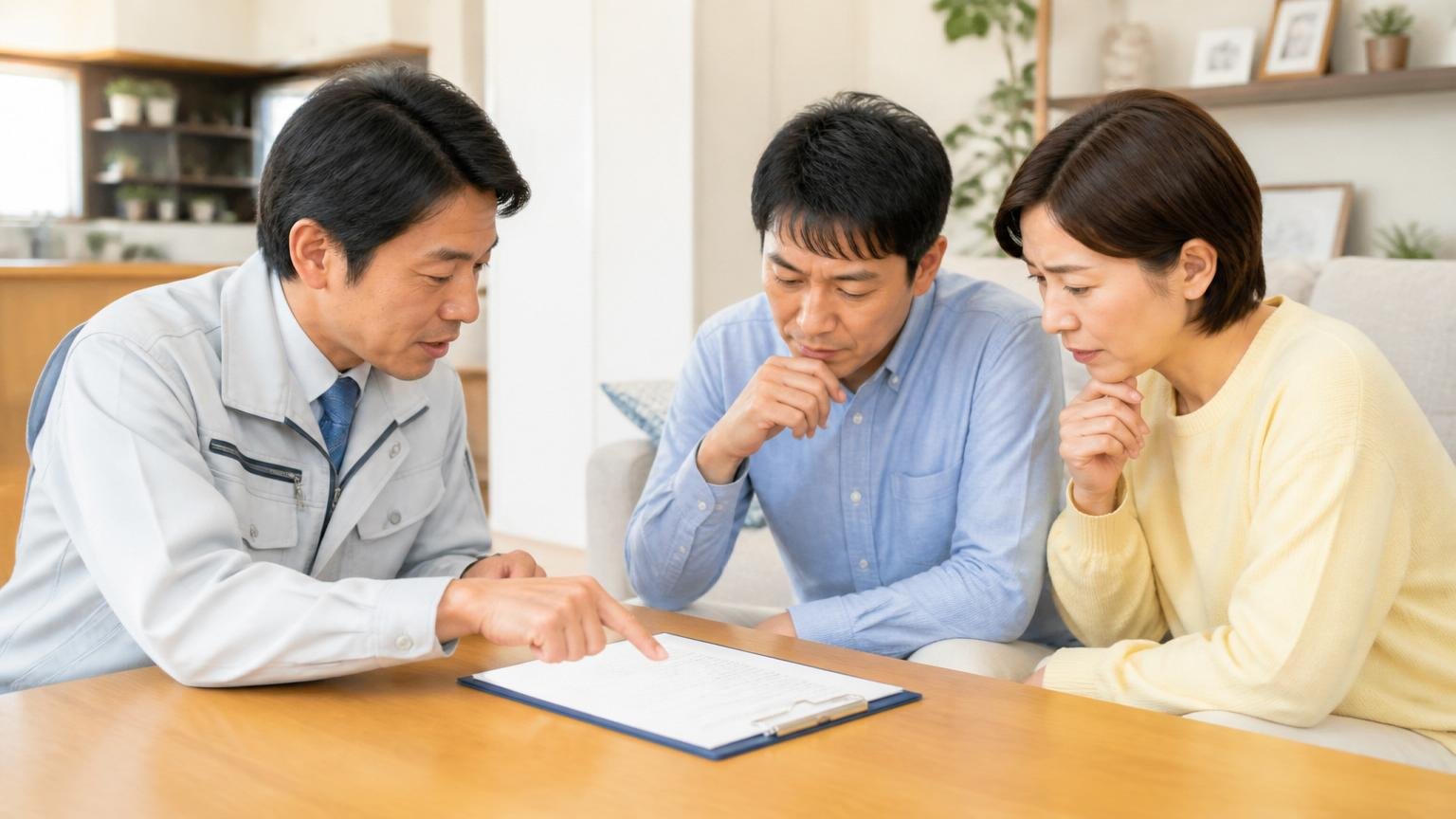 保証の適用条件が書かれているか確認する リビングのテーブルで保証書を指さし説明する作業員と住民2人