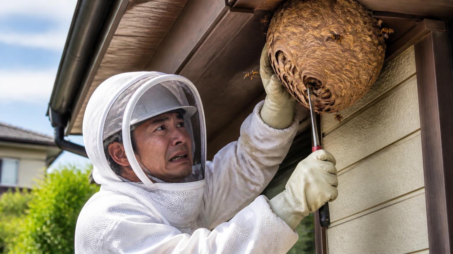 蜂の巣駆除の評判。家の軒下で防護服を着てスズメバチの巣を撤去する作業員、緊張した表情