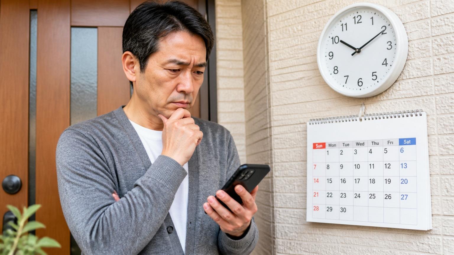 対応エリアと受付時間が明示されているか確認する 玄関先でカレンダーと時計を見ながら電話をためらう50代男性