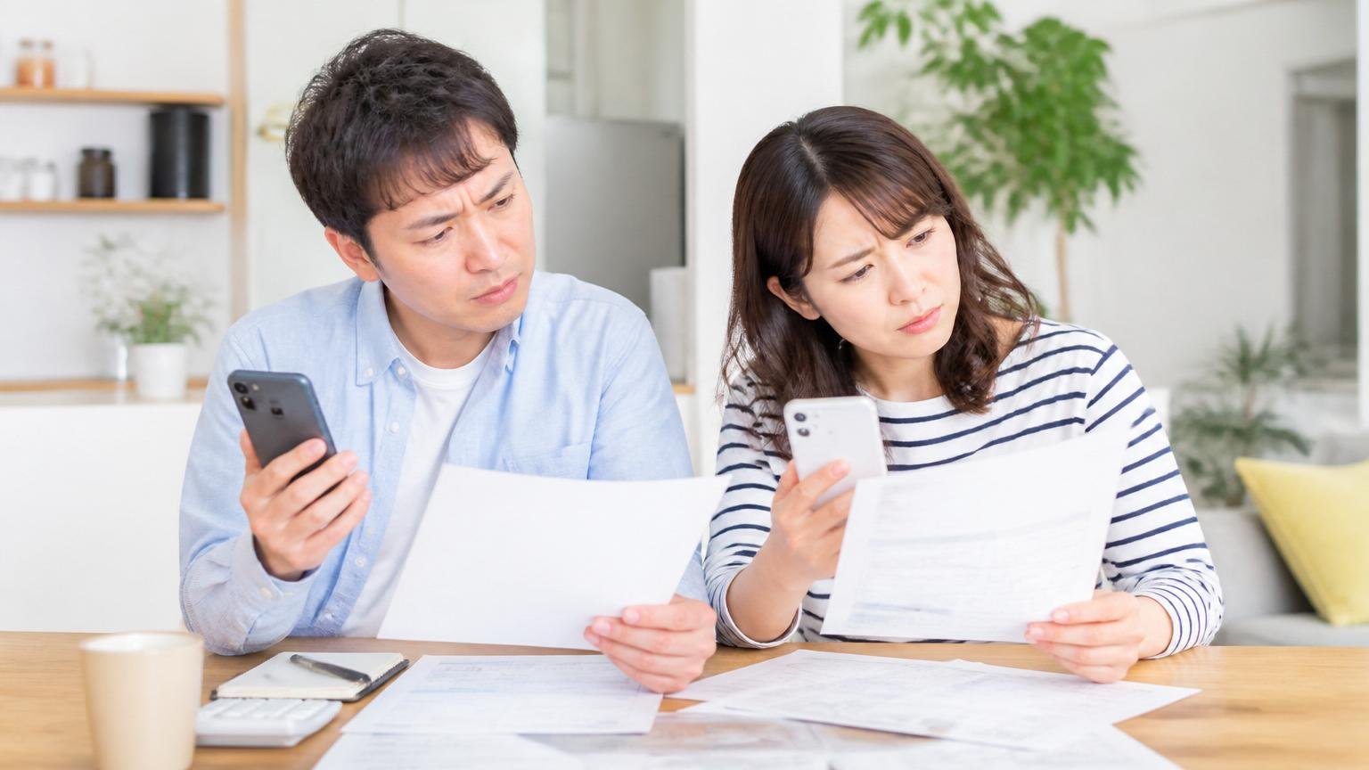 媒体によって会社情報が違うのはなぜ 確認すべきは公式サイト 住宅のダイニング 住人2人がスマホと書類を見比べて首をかしげる