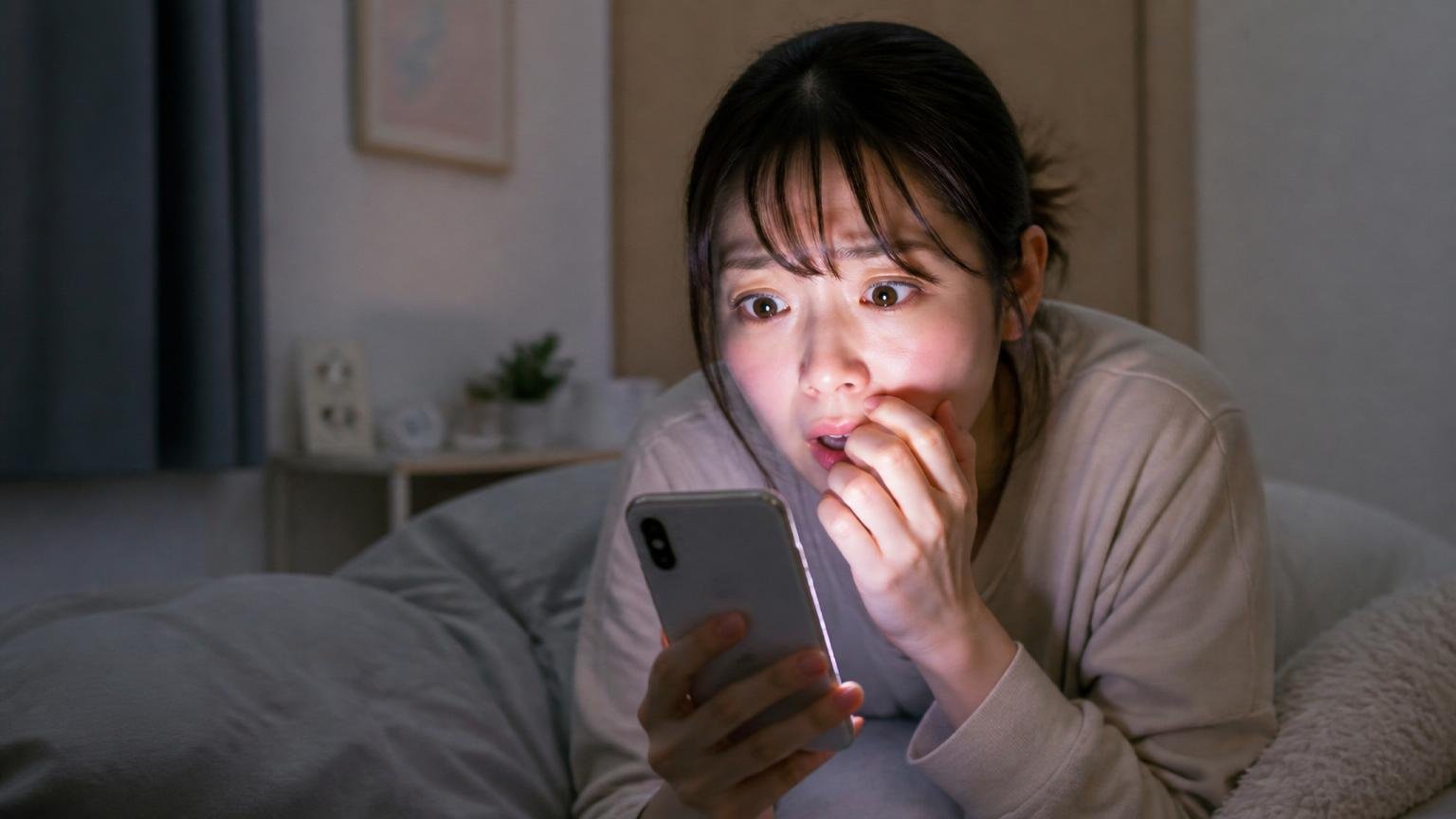深夜に慌てて業者を探す場面。賃貸マンションの寝室の暗がりでスマホの光を顔に受け驚いた表情の20代女性1人