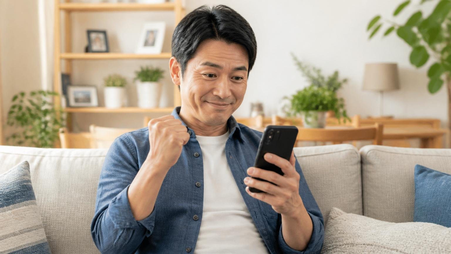 資格の有無を調べる場面。リビングのソファでスマホを使い協会サイトを確認する住人が納得した表情
