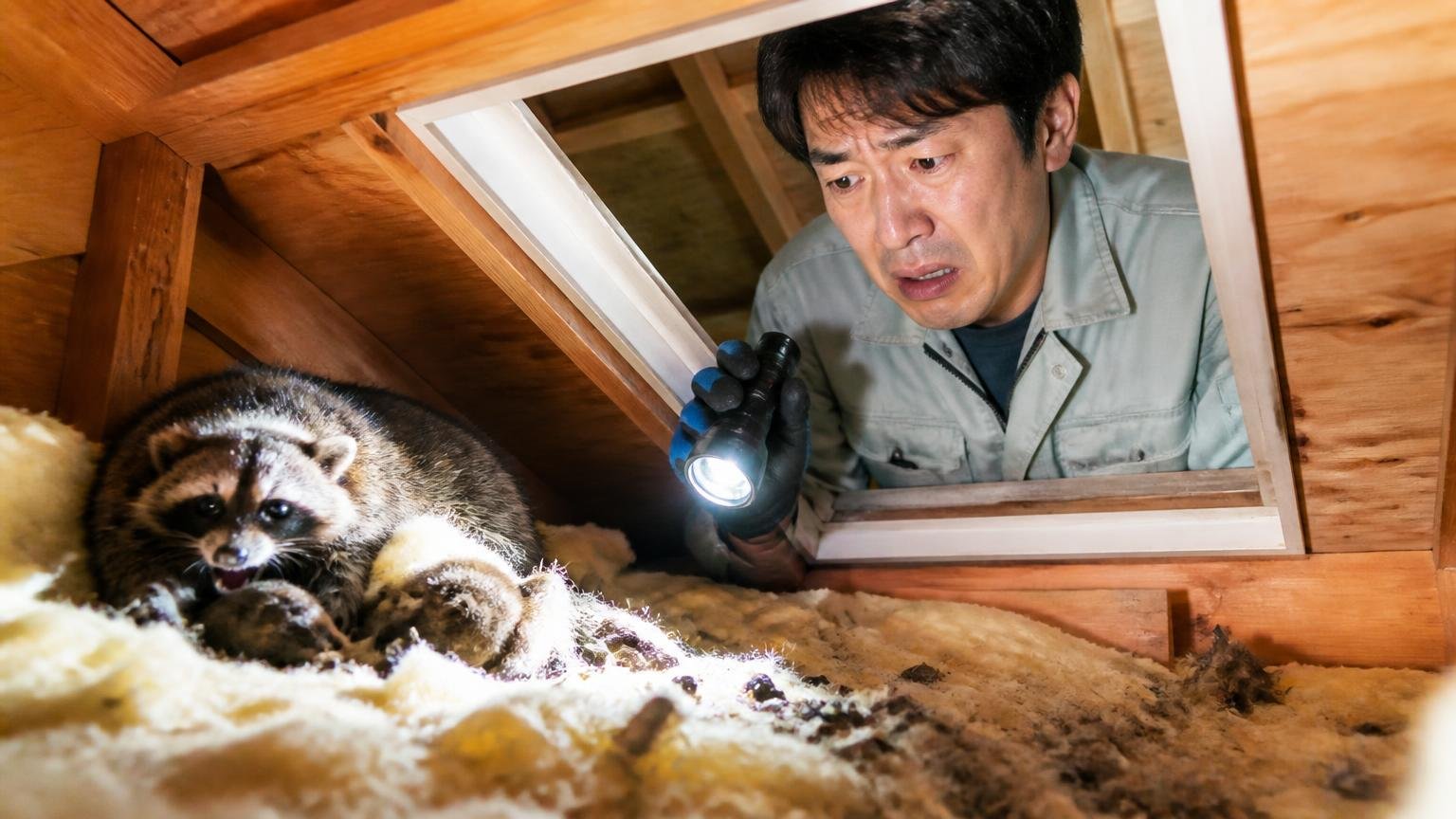 アライグマの被害を確認する場面、木造戸建ての屋根裏点検口で作業員1人が懐中電灯を持ち顔をしかめている