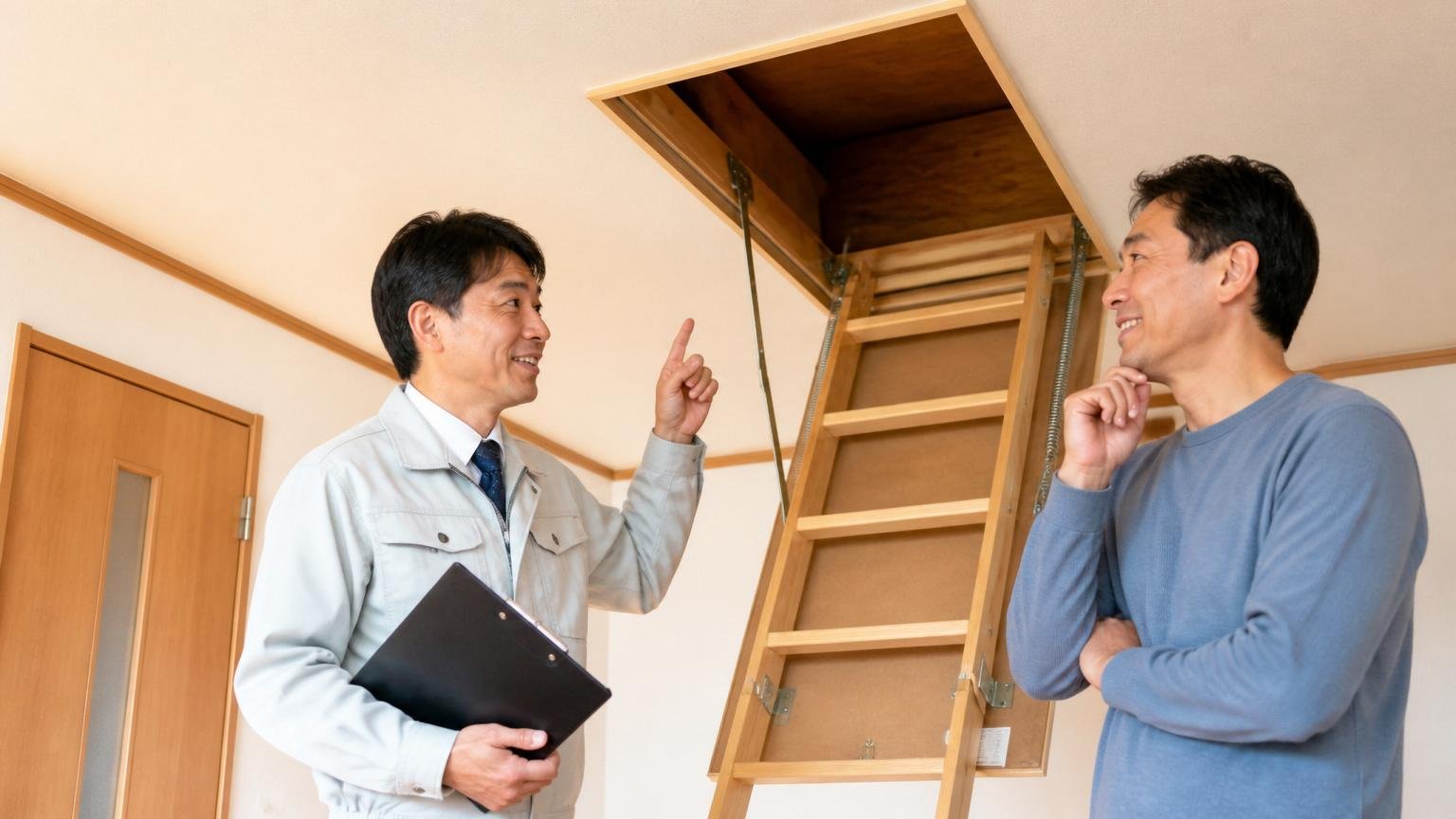 ホームレスキューが向いている人 木造戸建ての天井裏の点検口前 住人1人と作業員1人が納得の表情で話す