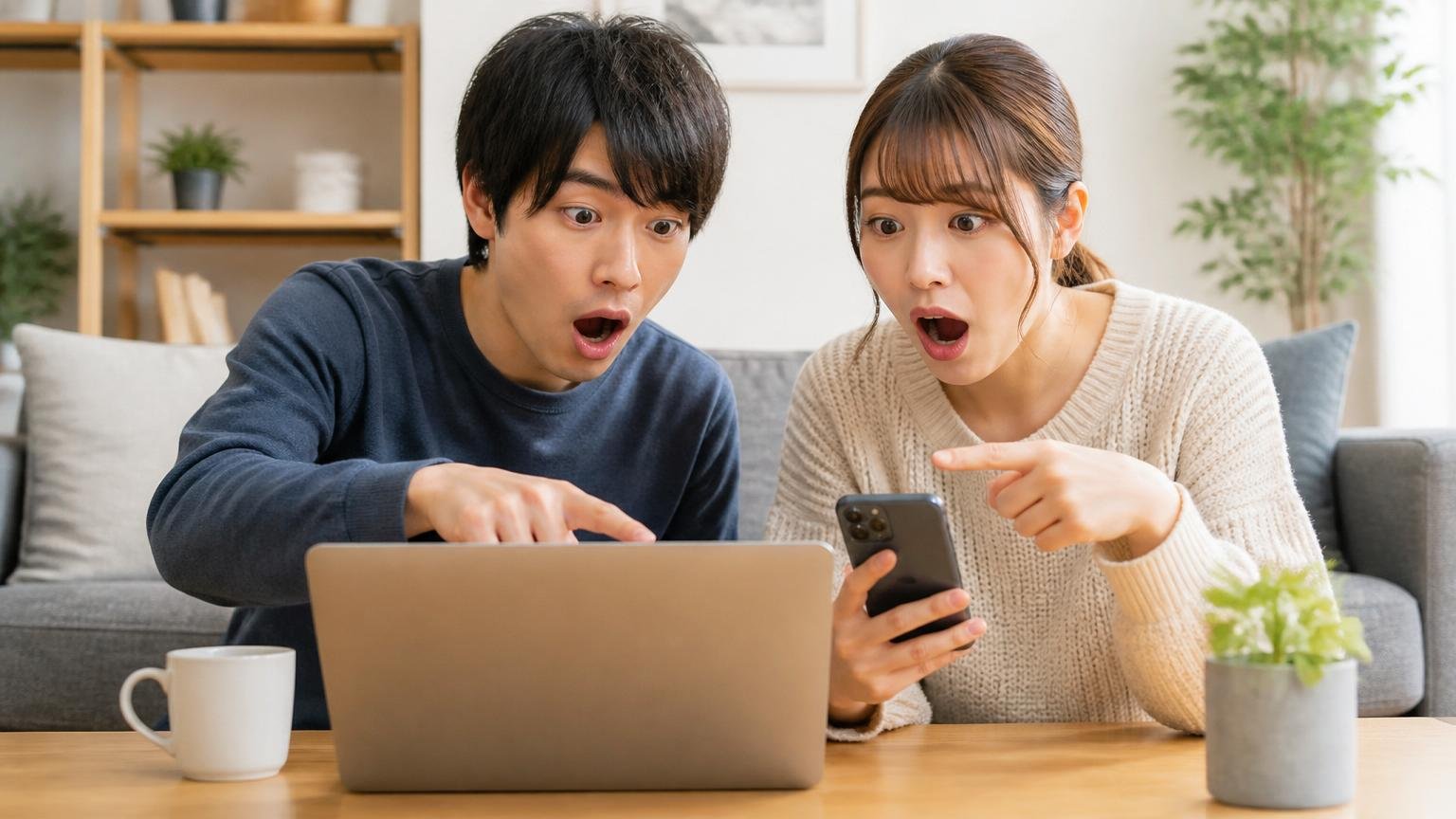 4つの口コミ媒体の評価点数を並べて比べる場面。自宅のリビングで住人2人がノートパソコンとスマホを並べて口コミを見比べ驚く