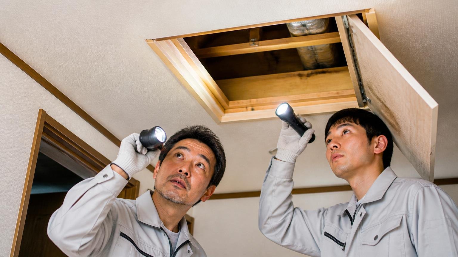 対応している害虫と害獣の一覧を確認する 住宅の天井裏の点検口を懐中電灯で照らす作業員2人が慎重な表情