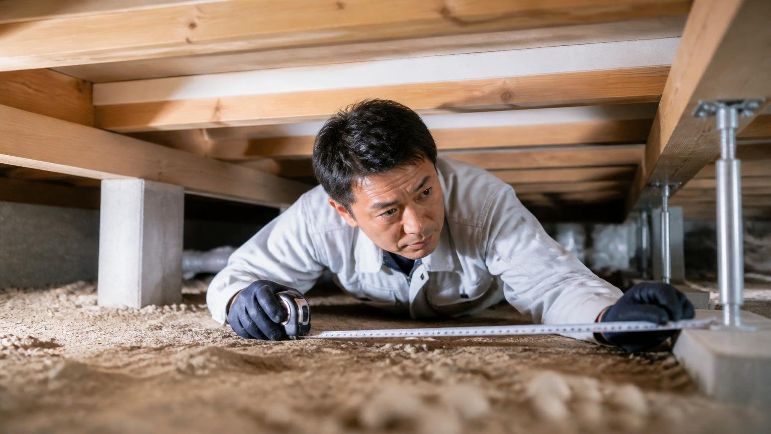 公式サイトが公表している料金一覧 住宅の床下で施工範囲をメジャーで測る作業員1人 集中した表情