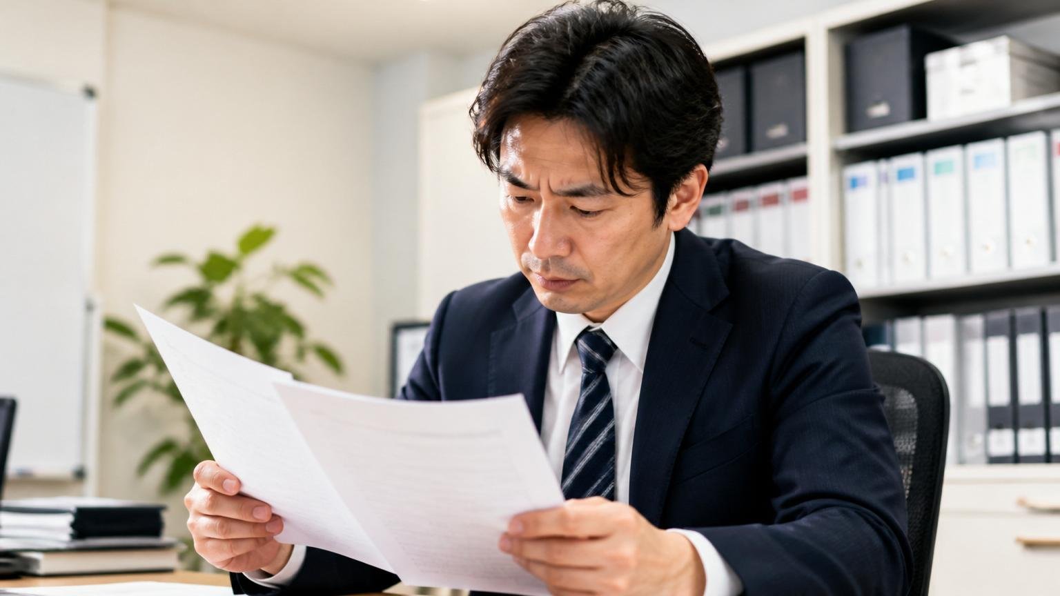 会社概要と保有資格を確認する場面。事務所風の室内で書類を手にした男性1人が真剣な表情