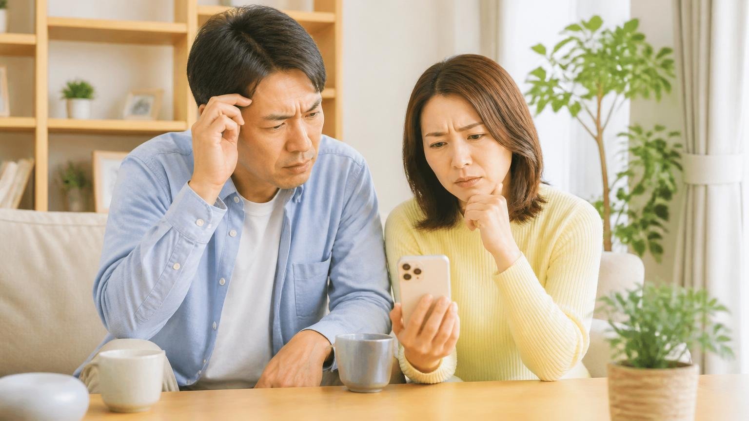 物差し①星の数は点数ではなく件数から見る。自宅のリビングでスマホの口コミを見る夫婦2人が首をかしげる表情