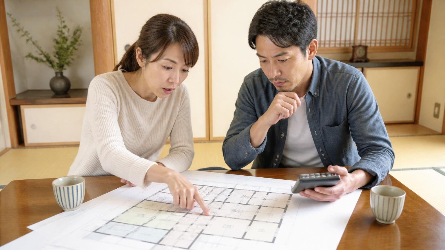 面積で料金が決まる仕組みを知る場面。自宅の和室で間取り図を広げて指でなぞる30代女性と隣で電卓を持つ男性