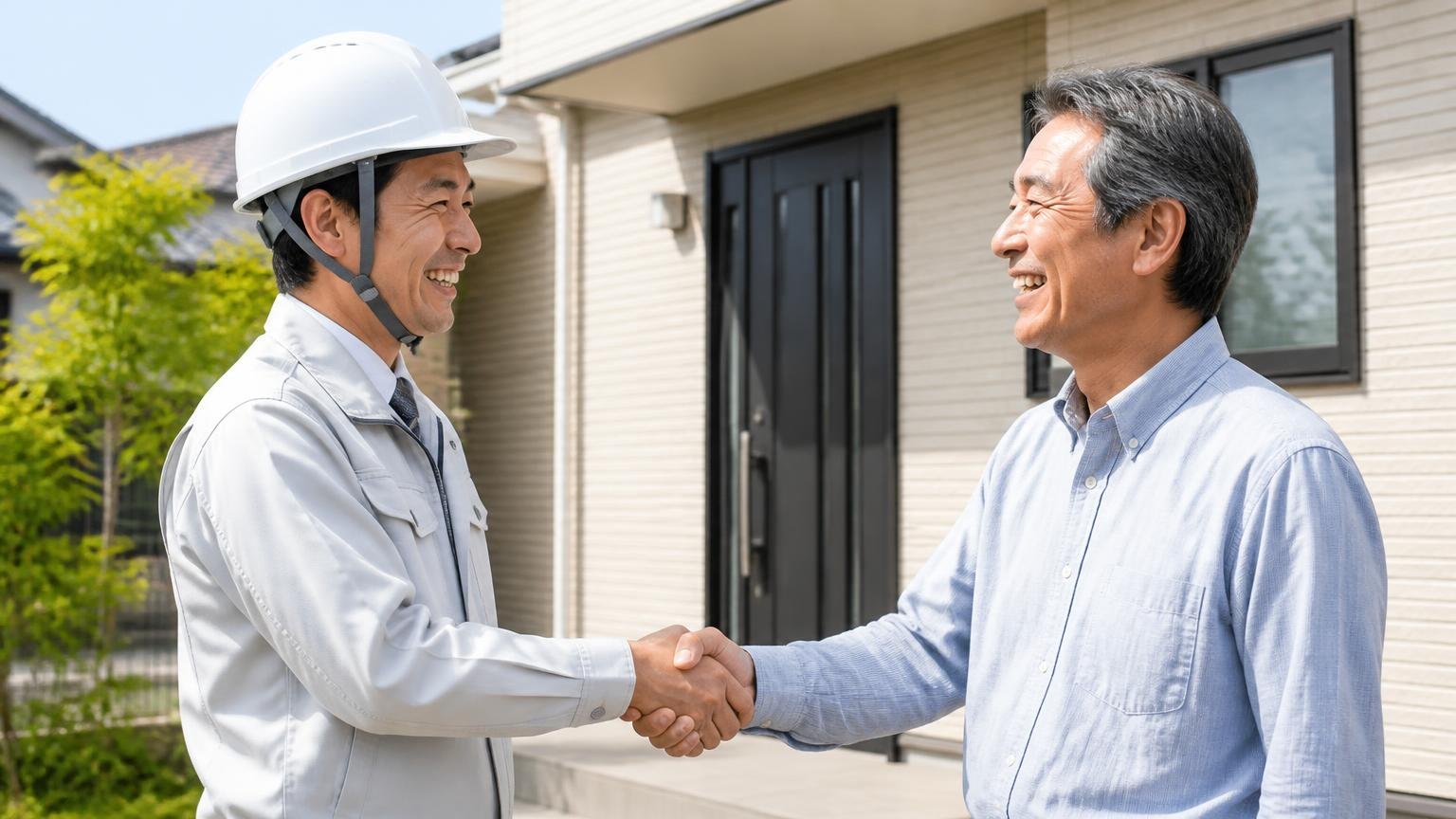 向いている人の条件|戸建ての外壁前で作業員と住人が笑顔で握手する