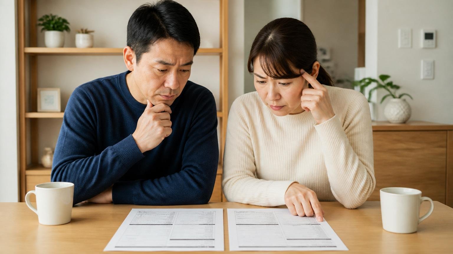 比べるべきは金額ではなく工事の範囲。ダイニングテーブルで夫婦2人が2枚の見積書を並べ真剣に見比べる