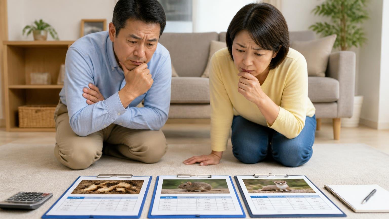 シロアリとネズミとイタチの料金比較。リビングで夫婦2人が3社の見積書を床に並べて見比べる