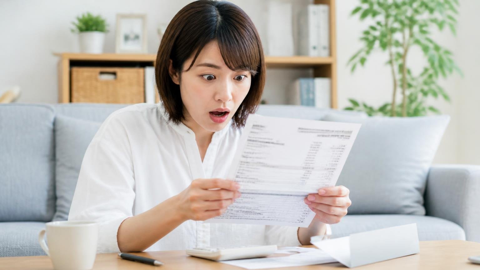 星5の人も想定より高かったと書いた。リビングで請求書を見て目を見開く30代女性