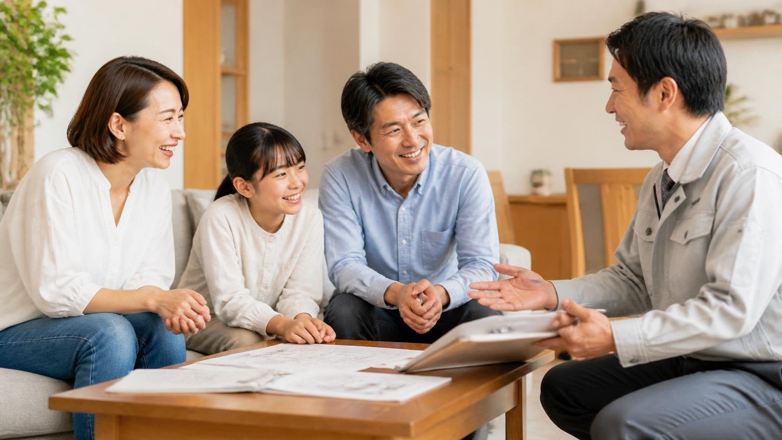 地元業者に相談して安心する場面。木造戸建てのリビングで作業員と打ち合わせする家族3人が笑顔でうなずく