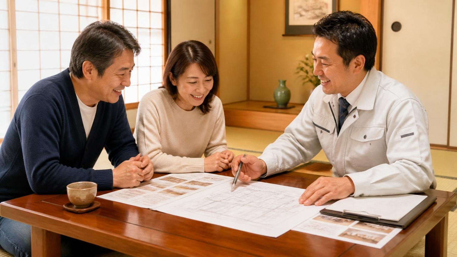 向いているのは地元でじっくり相談したい人|戸建ての和室の座卓|50代夫婦2人と作業服の担当者1人|笑顔で書類を囲む