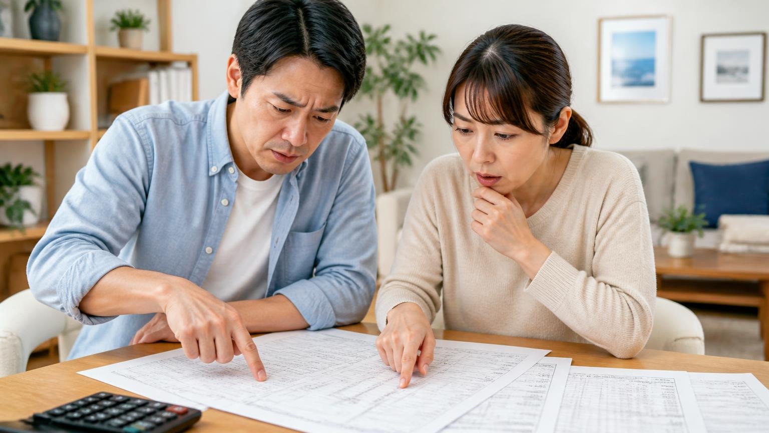 安さの正体を見極める。リビングで見積書を広げる夫婦2人が指さして話し合う
