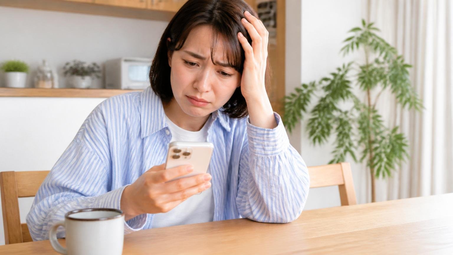 料金が公開されていない理由 自宅のダイニングで女性1人がスマホの料金ページを見て困った表情で頭を抱える