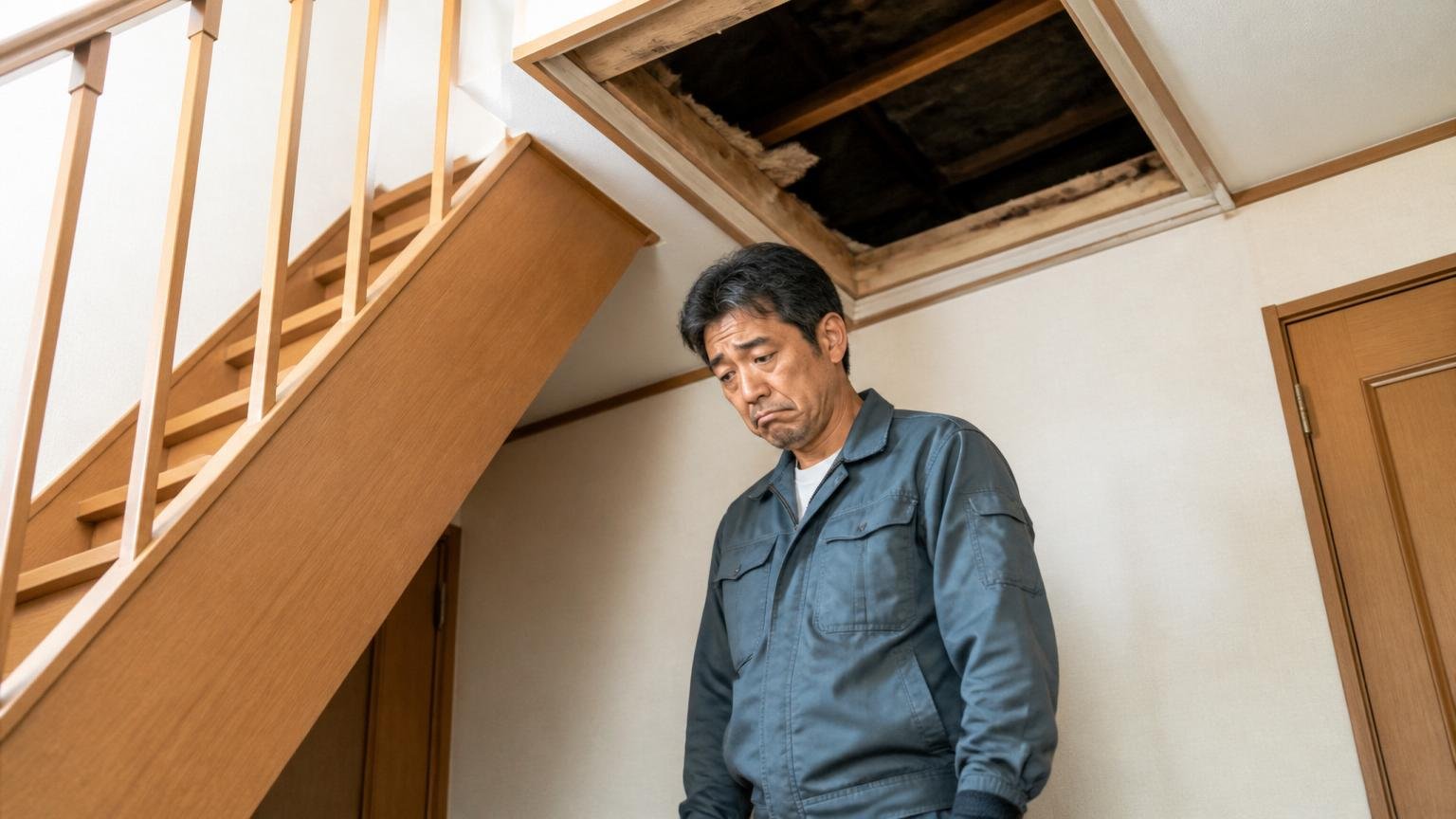アライグマ駆除で捕獲に至らなかった声。木造戸建ての屋根裏を見上げる階段下で40代男性が肩を落とす