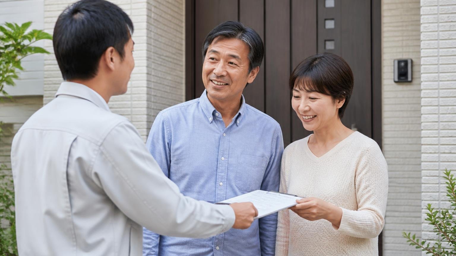 向いている人。自宅の玄関前で作業員から見積書を受け取り笑顔でうなずく50代夫婦、安心した表情