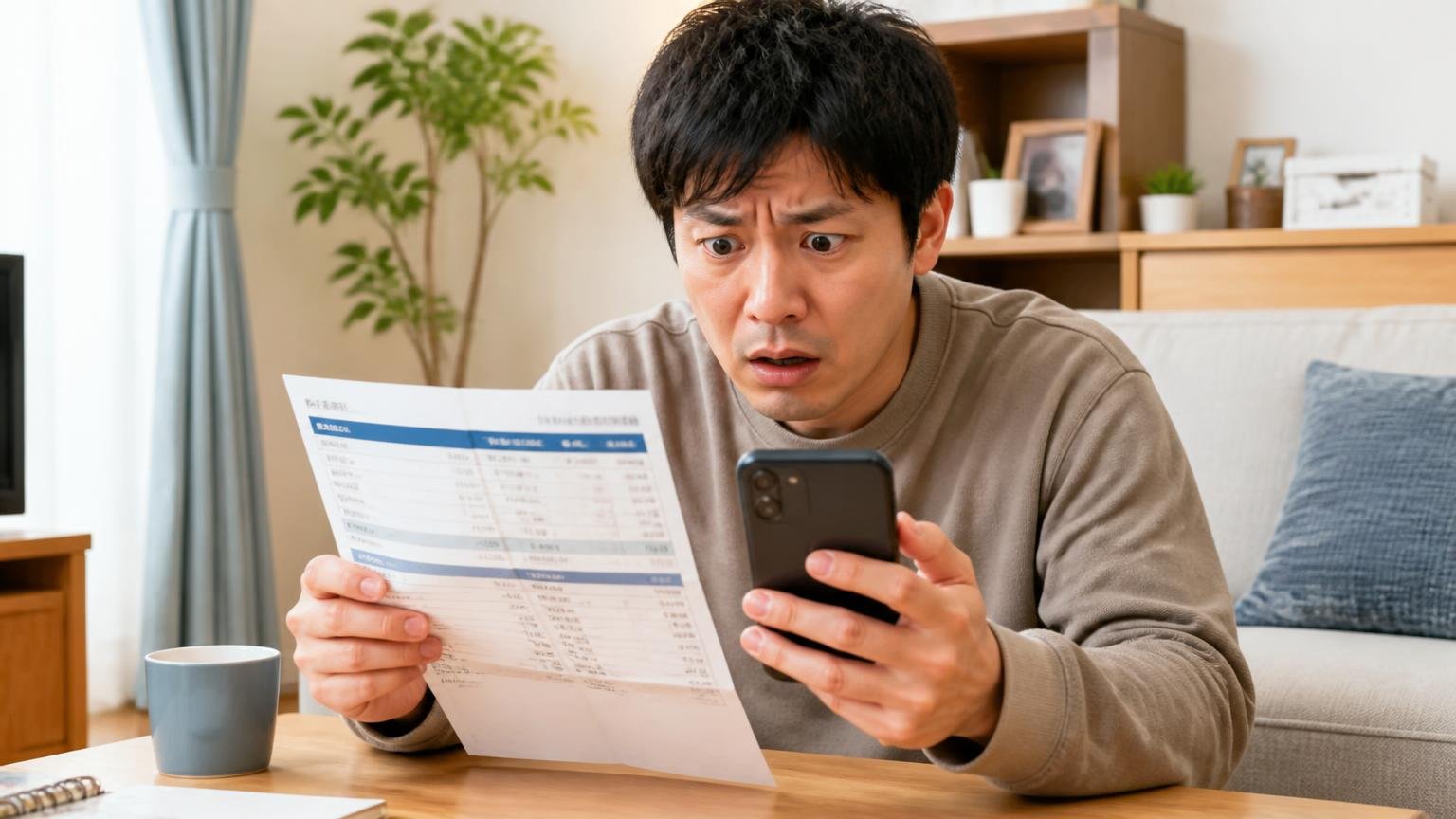 掲載サイトの参考価格が最低金額である理由、リビングで料金表とスマホを見比べる住人1人が困惑した表情