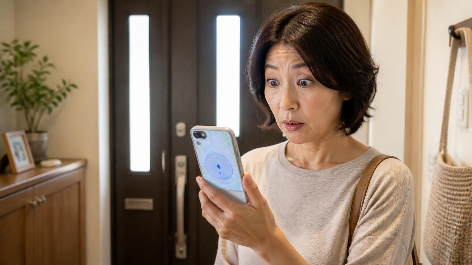 対応エリアに入っているか最初に確認。自宅の玄関でスマホの地図を見る40代女性1人が眉を上げる