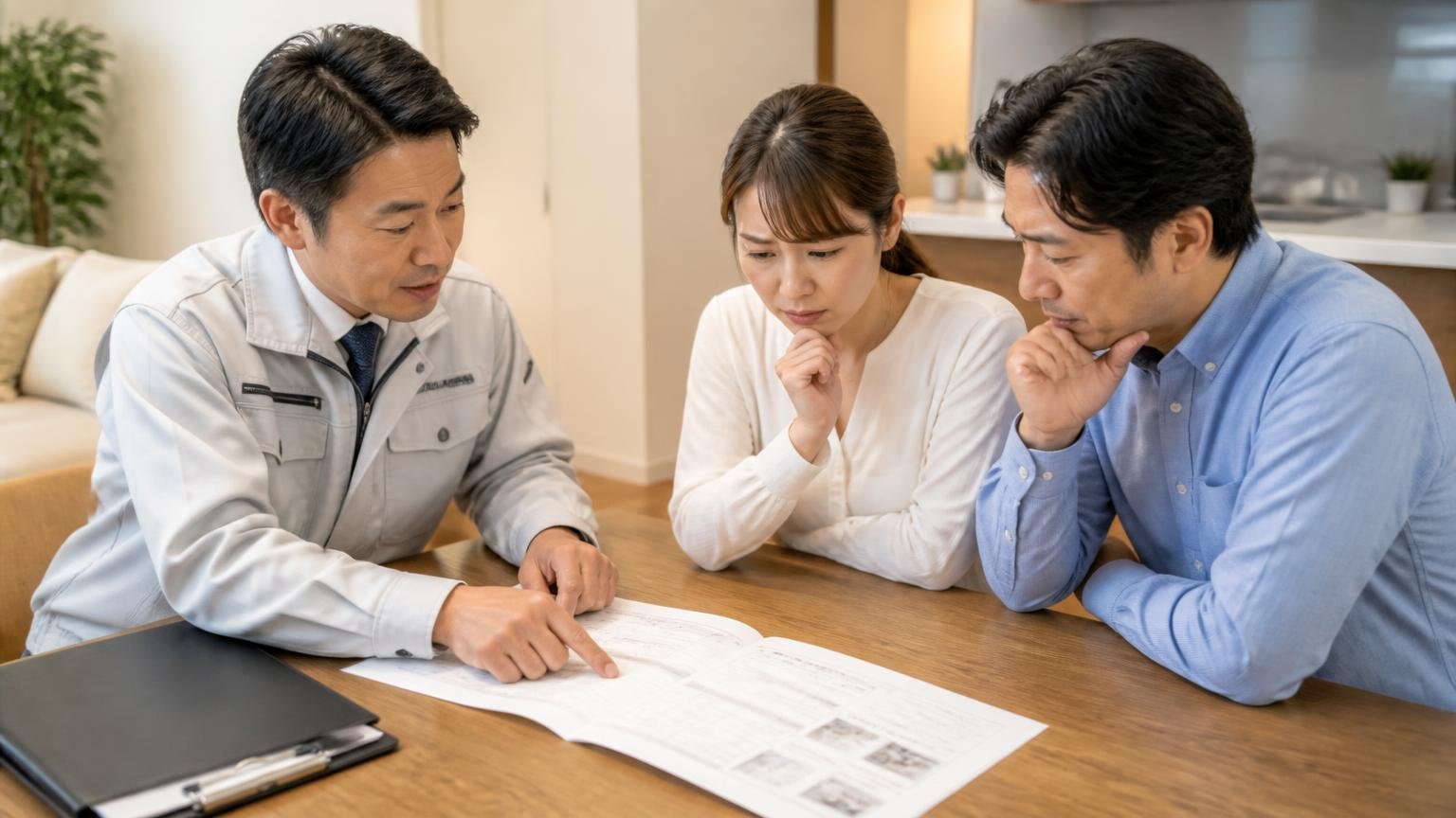 料金は坪単価では出せずサイトに料金表がない理由 リビングのテーブルで作業員と住人2人が見積書を見比べる