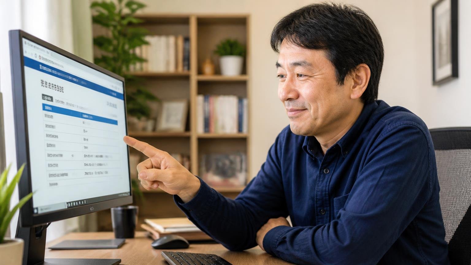 業者の登録番号を公式サイトで確認する場面 自宅の書斎でパソコン画面を指さす男性1人 納得した表情