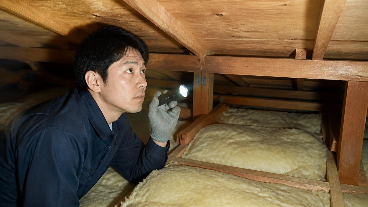 いえねずみ3種は法の対象外。木造戸建ての天井裏を懐中電灯で照らして確認する30代男性