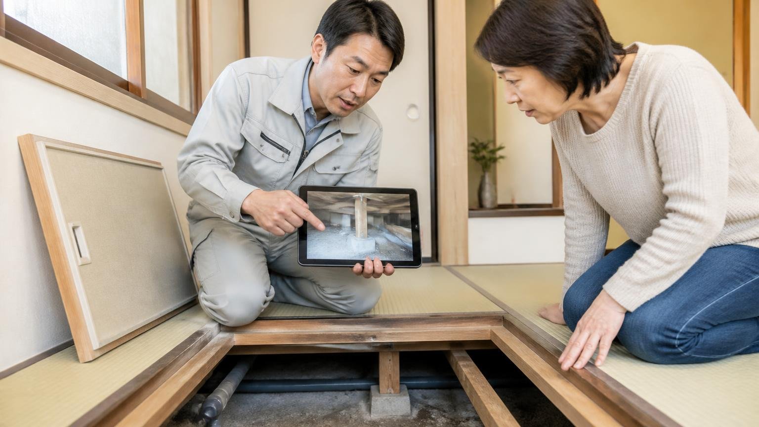 床下を写真で見せてくれるか 和室の床下点検口で作業員1人がタブレットの写真を施主に見せる