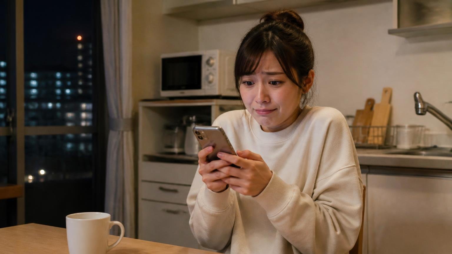 深夜に1社だけ呼ぶと価格を測る物差しがなくなる。深夜のマンションの台所で女性1人がスマホを両手で握り肩をすくめる