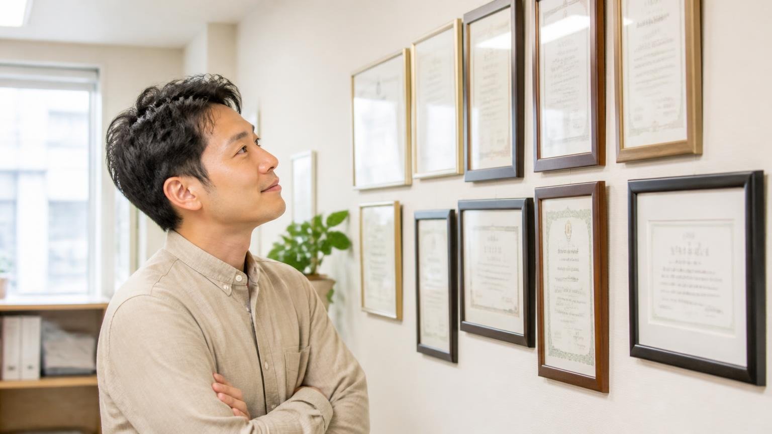 判断軸①公的な登録・認証を持っているか。事務所の壁に並ぶ登録証を見上げる住人1人が納得の表情