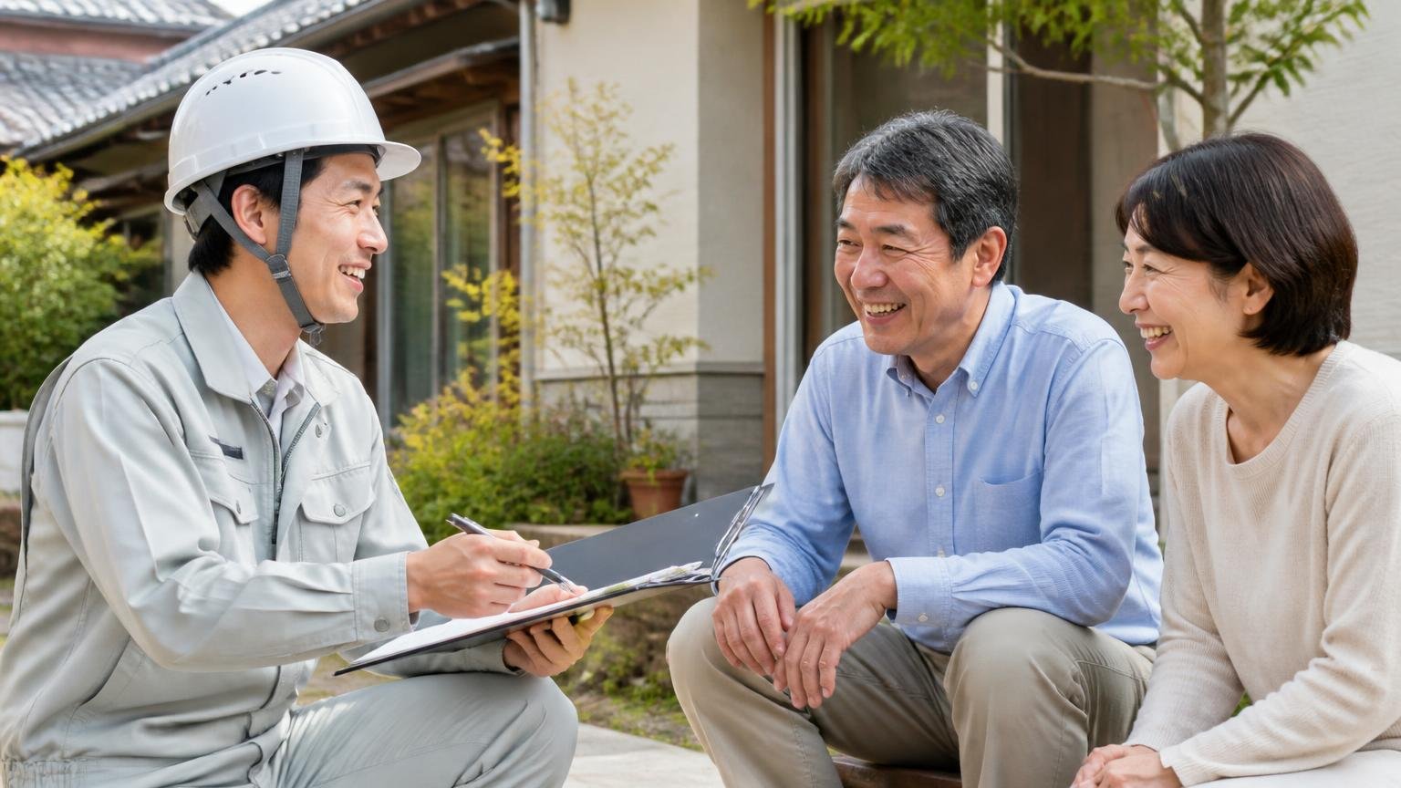 向いている人|福島の木造戸建ての庭先で作業員と住人が笑顔で次回点検の予定を相談する